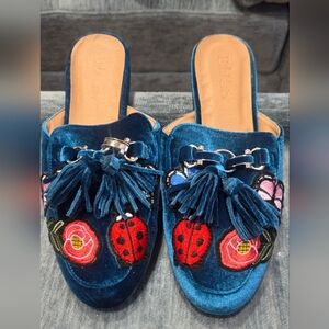Velvet Embroidered Mules with Tassels Size 8.5.